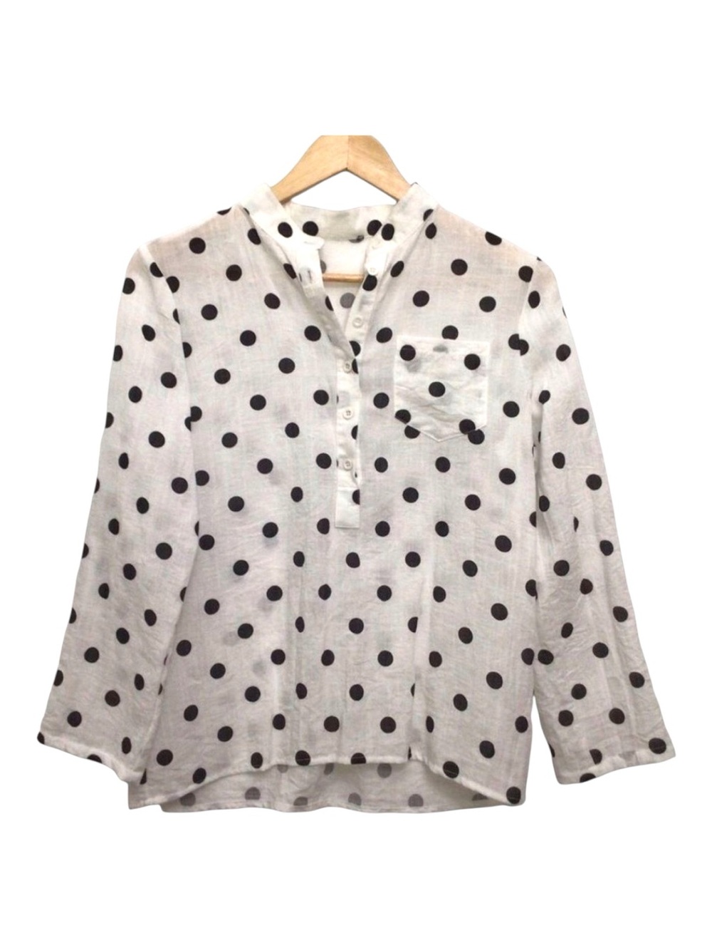 LINEN blend blouse polka dots black ecru mao neck button Down casual shirt med